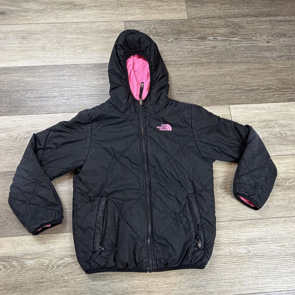 The North Face Jacket Girls Size 8 Black Pink Reversible Hooded Puffer Coat